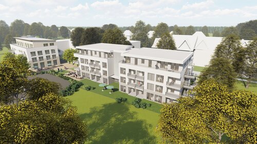 Zeichnung eines vierstöckiges Gebäude mit Flachdach inmitten von viel Grün.