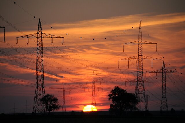 Sonnenuntergang vor drei Bäumen und großen Hochspannungsleitungen