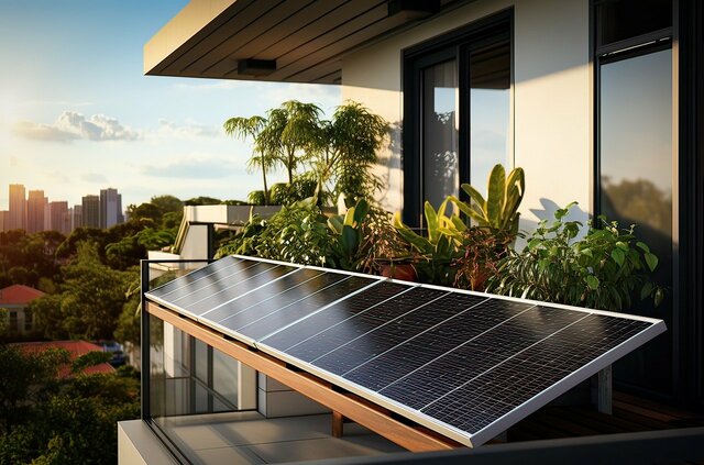 Solarenergieplatten auf einem Balkon mit vielen Grünpflanzen