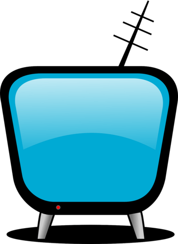 TV auf zwei Beinen mit Antenne im Comic-Stil.