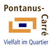 Logo vom Pontanus-Carré zwei orangefarbene Balken über die Ecke gezogen um ein blaues Rechteck Darunter der Schriftzug in Blauer Schrift "Vielfalt im Quartier" "