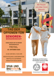 Ein Plakat zum 10-jährigen Bestehen des Karolinger Hofs in Wewer  mit einem Paar, das Hand in Hand spazieren geht, und einem goldenen Band, mit Veranstaltungshinweisen und Kontaktinformationen.