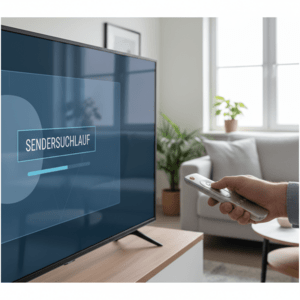 Eine Person hält eine Fernbedienung in einem gemütlichen Wohnzimmer, in dem ein Fernseher mit der Aufschrift "SENDERSUCHLAUF" und eine Pflanze in einem weißen Topf stehen.