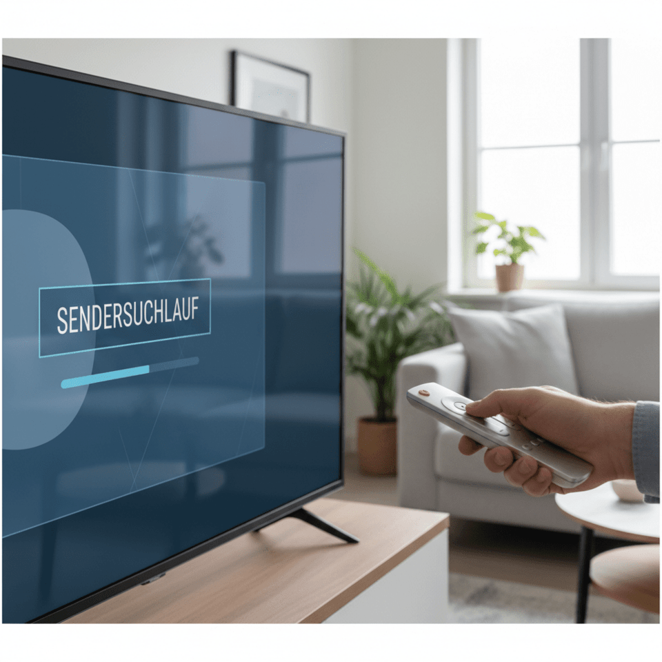 Eine Person hält eine Fernbedienung in einem gemütlichen Wohnzimmer, in dem ein Fernseher mit der Aufschrift "SENDERSUCHLAUF" und eine Pflanze in einem weißen Topf stehen.